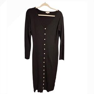 Sugar lips stylish black ribbed bodycon button down dress long sleeve
